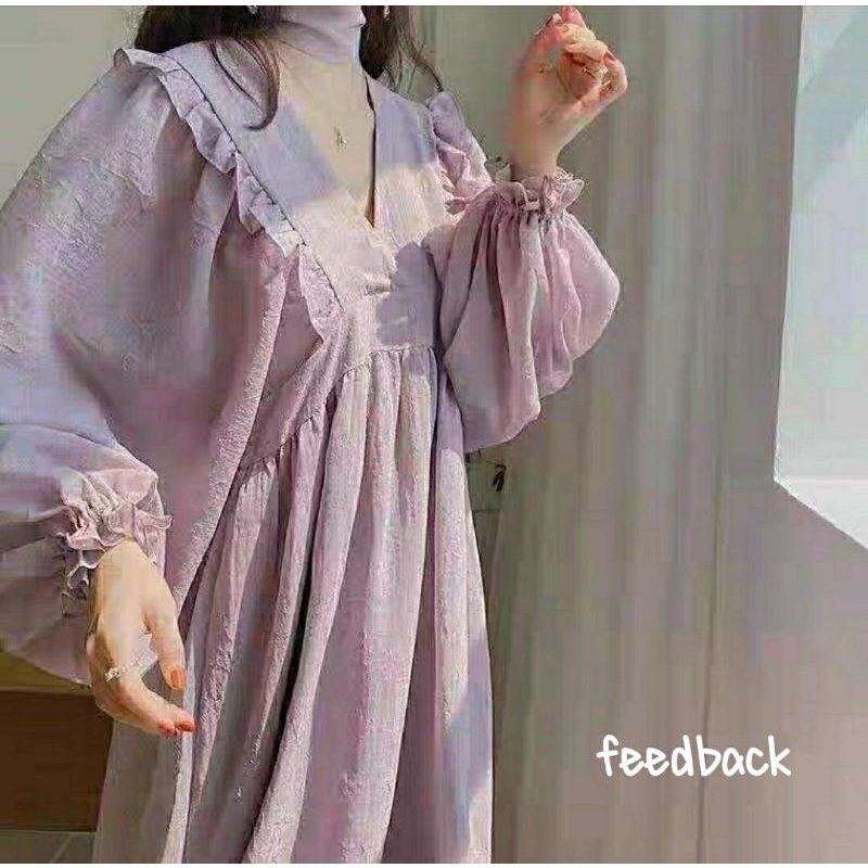 Đầm dài tay màu tím siêu nữ tính phong cách Hàn