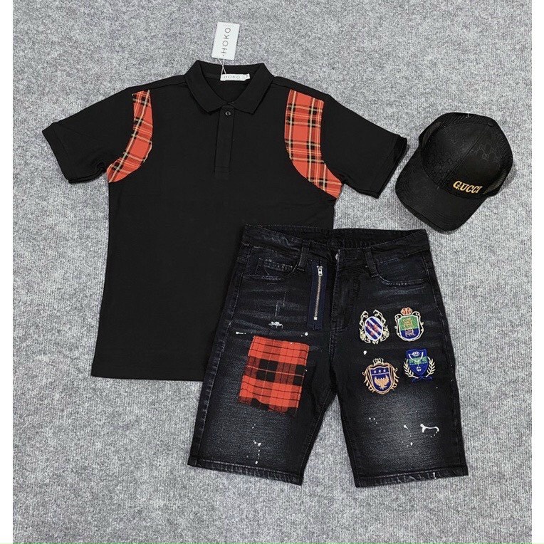 Quần short jean nam màu xám đậm thêu logo phối caro dây kéo vải dày dặn co giãn bốn chiều cao cấp form regular 3001