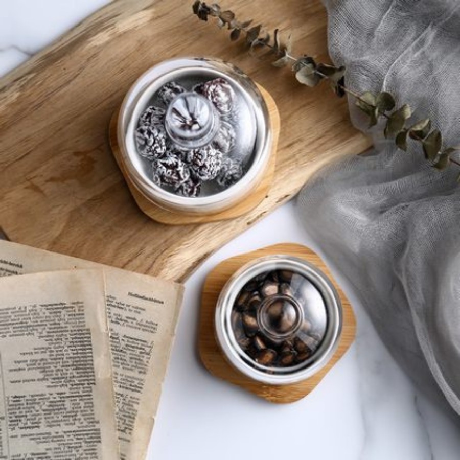 Khay tre đựng mứt tết, bánh kẹo, hoa quả - gồm hũ sứ - chụp thủy tinh sang trọng – set 1, 2, 3 hũ - phong cách Nhật Bản