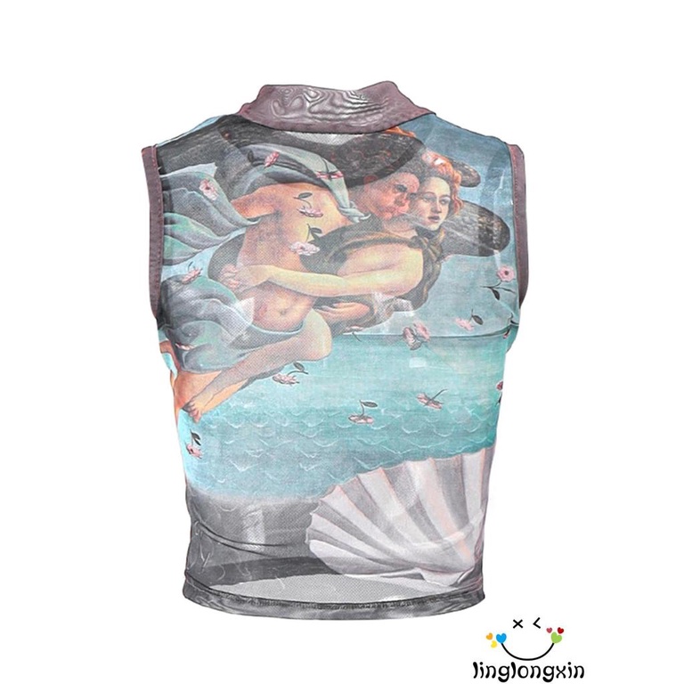 Linglongxi2-áo Tank Top Ôm Dáng Màu Nâu / Xanh Lá Cây Trừu Tượng Phong Cách Vintage Kích Thước S / M / L