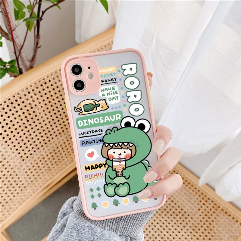 Ốp lưng Iphone Dino milk tea viền màu iphone 6/6plus/6s/6s plus/7/7plus/8/8plus/x/xs/xs max/11/11promax/12/12pro max