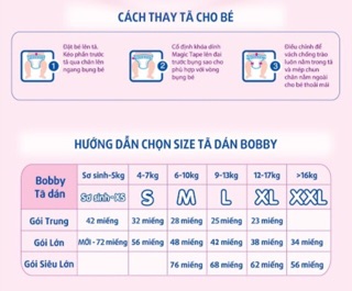 Tã dán Bobby M76/L68/XL62/XXL56 mới Bỉm