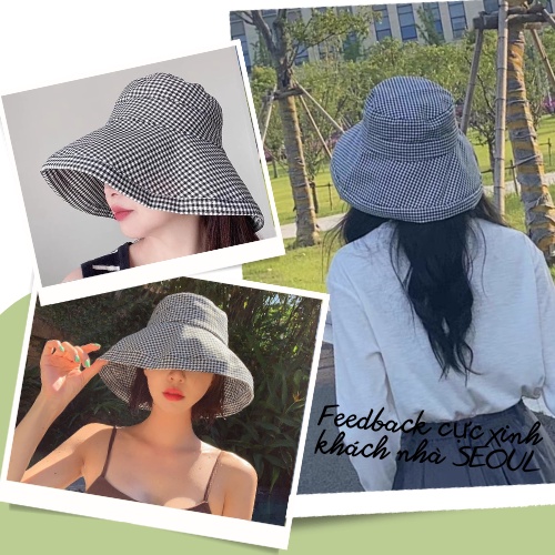 Nón rộng vành chống tia UV họa tiết kẻ caro, mũ đi biển phong cách Hàn Quốc R6
