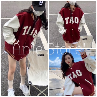 Áo Bomber Nỉ Nữ Thêu Chữ TAO 🦋 Áo Khoác Dáng Rộng Màu Đỏ Tay Bo 🦋