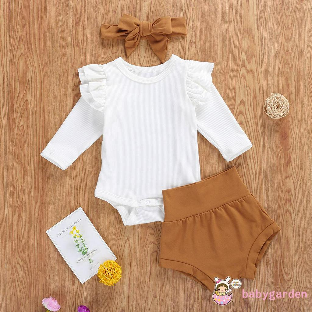 Bộ 3 Cái Gồm Áo Dài Tay Màu Trơn + Quần Short + Băng Buộc Đầu Cho Bé Gái