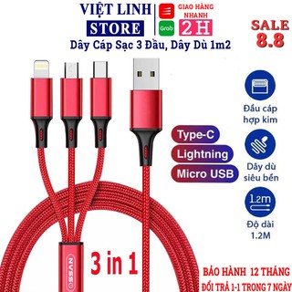 Cáp sạc đa năng 3 đầu dây dù 1m, cổng Lightning - Type C - Micro USB - Việt Linh Store