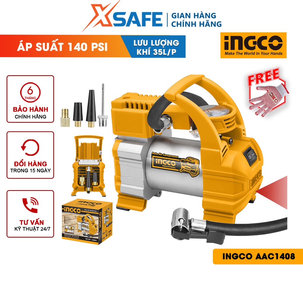 Máy bơm hơi lốp xe ô tô INGCO AAC1408 Máy kiểm tra lốp kèm 1 đèn LED, dây nguồn 3M, bật lửa, 1 pin kẹp, 4 vòi