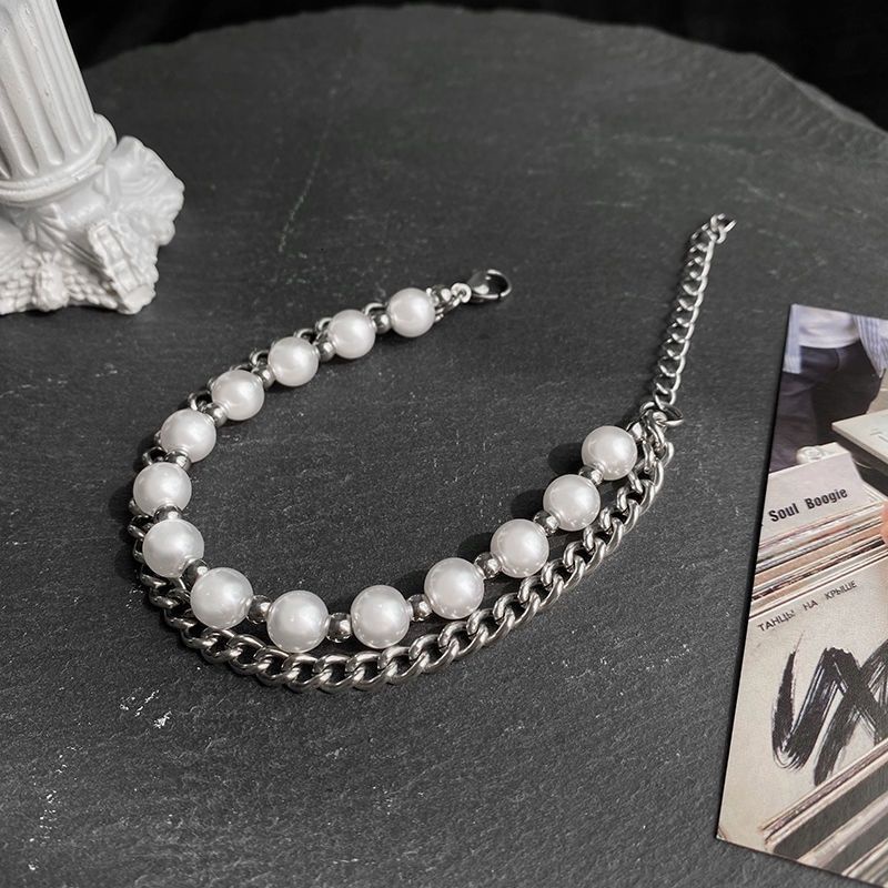 Vòng Tay Hai Lớp Đính Hạt Ngọc Trai Phong Cách hip hop Cho Nam Và Nữ