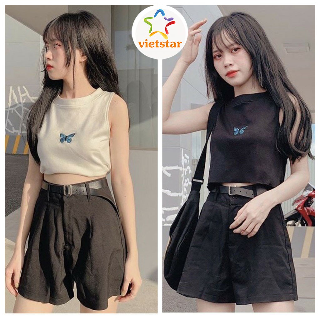 Áo Croptop 3 Lỗ Thêu Bướm Chất Cotton Mịn