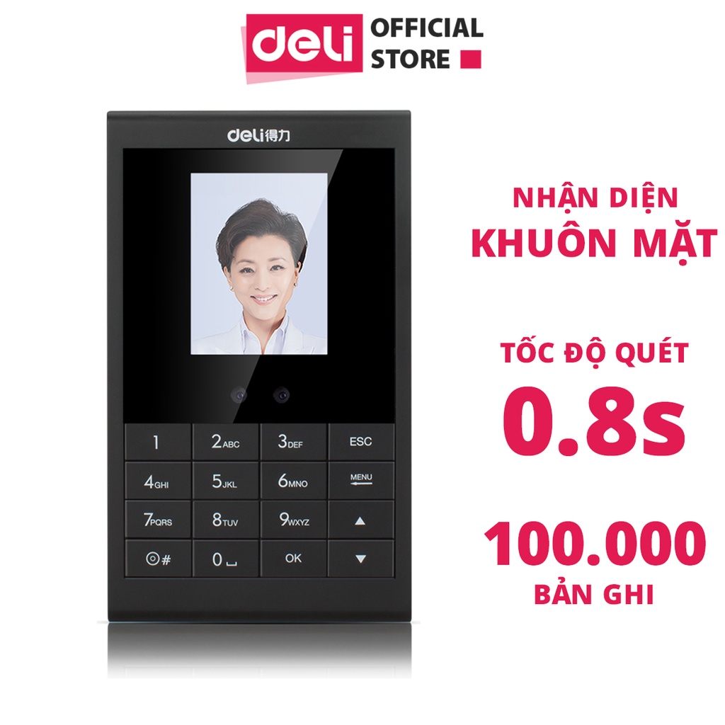Máy Chấm Công Nhận Diện Khuôn Mặt Deli Chính Hãng - Màn Hình 2.8 Inch, Kết Nối Wifi, USB - Tích Hợp Nhiều Ngôn Ngữ E3764