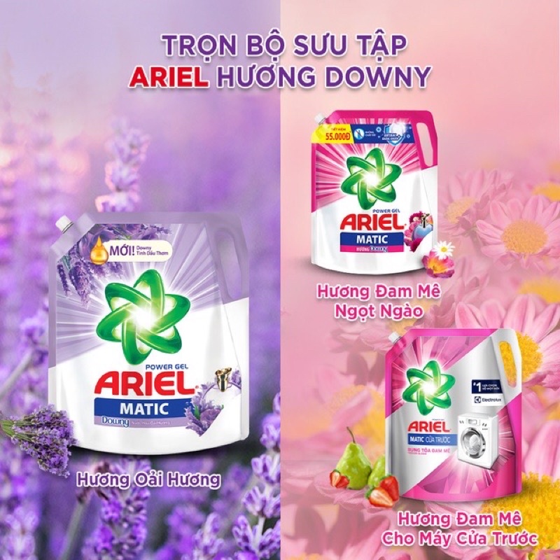Túi nước giặt Ariel cửa trước bền màu Downy hương Sen & Nhài 3,0-3,4kg