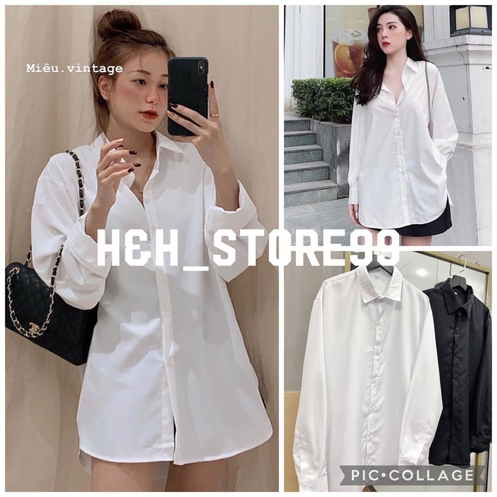 Áo sơ mi nữ dài tay công sở TRƠN Basic Unisex Dáng Rộng Màu Trắng