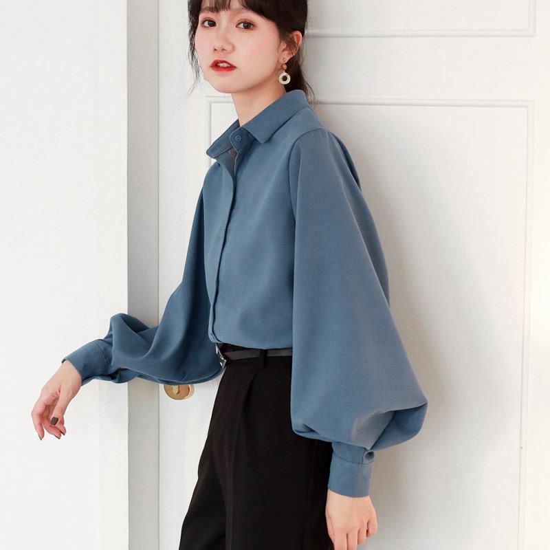 Áo Sơ Mi Dáng Rộng Cổ Bẻ Tay Phồng Phối Hàng Nút Phong Cách Retro Mới Cho Nữ