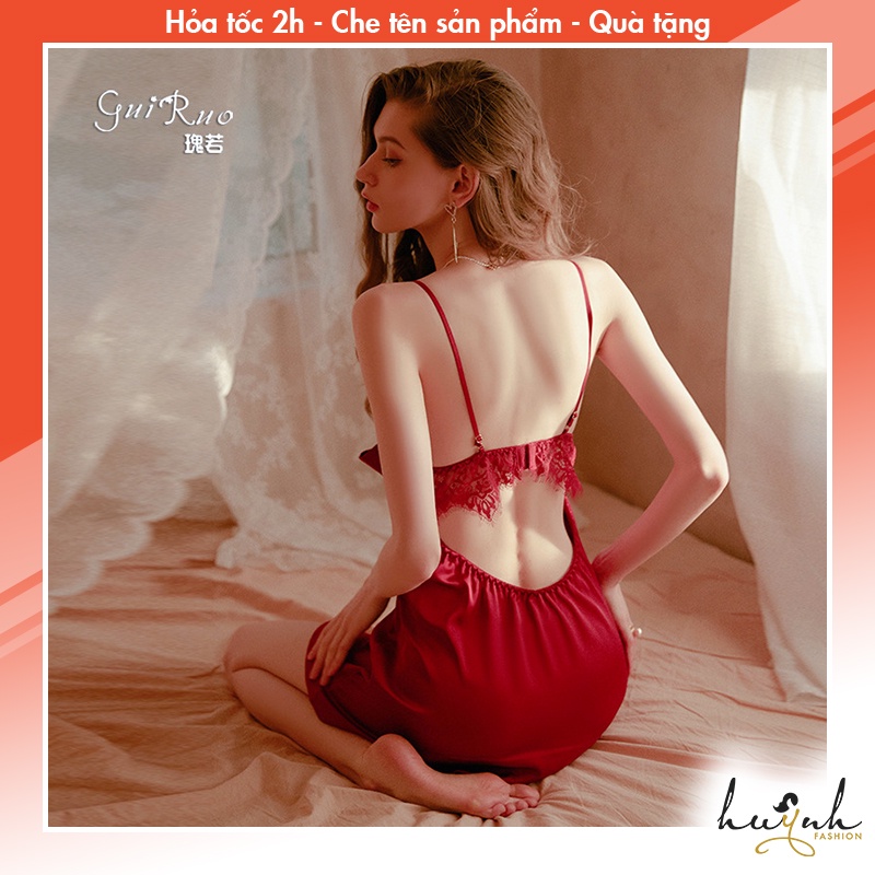 Đầm Ngủ Hai Dây Lụa Phối Ren và Nơ, Váy Ngủ Hở Lưng Cao Cấp GUIRUO (tặng kèm quần chip) - N66