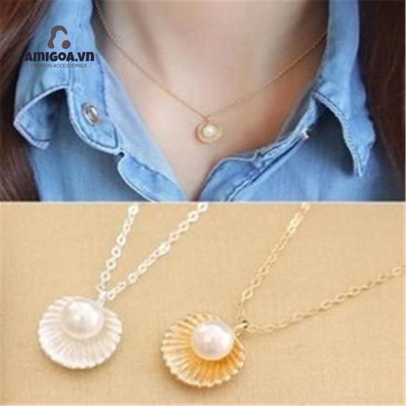 Vòng cổ Ngắn Mặt Vỏ Sò Đính Ngọc Trai Đơn Giản Thời Trang Cho Nữ
