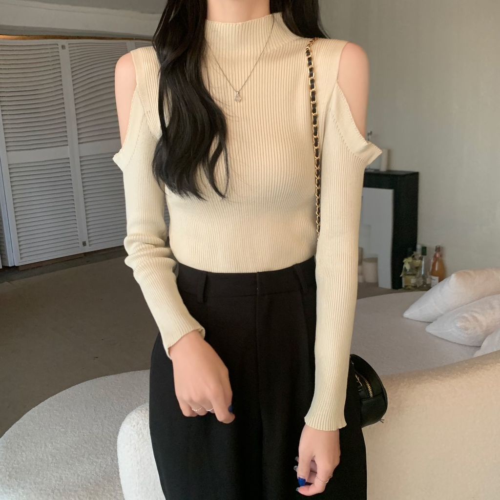 Áo Len Tay Dài Cổ Cao Hở Vai Thời Trang Cho Nữ