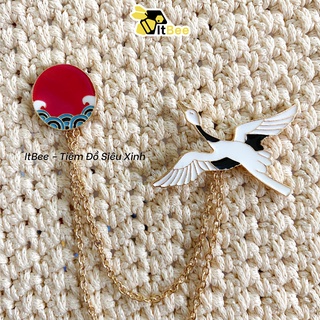 (TN001) Pin cài áo, ghim cài balo, huy hiệu kim loại hạc trắng và mặt trời đỏ phong cách Nhật Bản