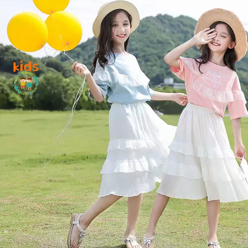 Bộ Áo Thun Cotton + Chân Váy Lưới Thời Trang Mùa Hè 2022 Cho Bé 3-5-8-10-12-13