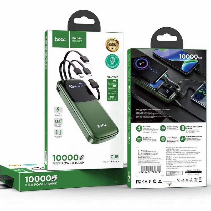 ✙❀Sạc dự phòng đa năng mini 10000mah 20000mah  Hoco DB07 CJ5A sẵn dây tiện lợi lightning type micro - hàng chính hãng