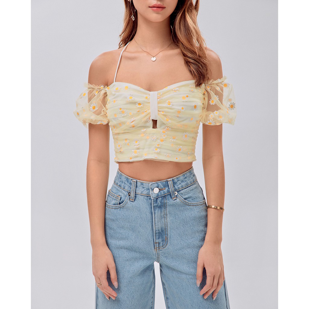 Áo croptop SheByShj màu vàng tay bồng họa tiết hao cúc - Yellow Daisy Top