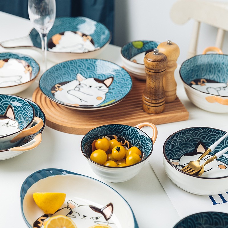 Set Chén Bát gốm sứ cao cấp, khay dĩa decor nhà bếp hình Mèo Béo đáng yêu