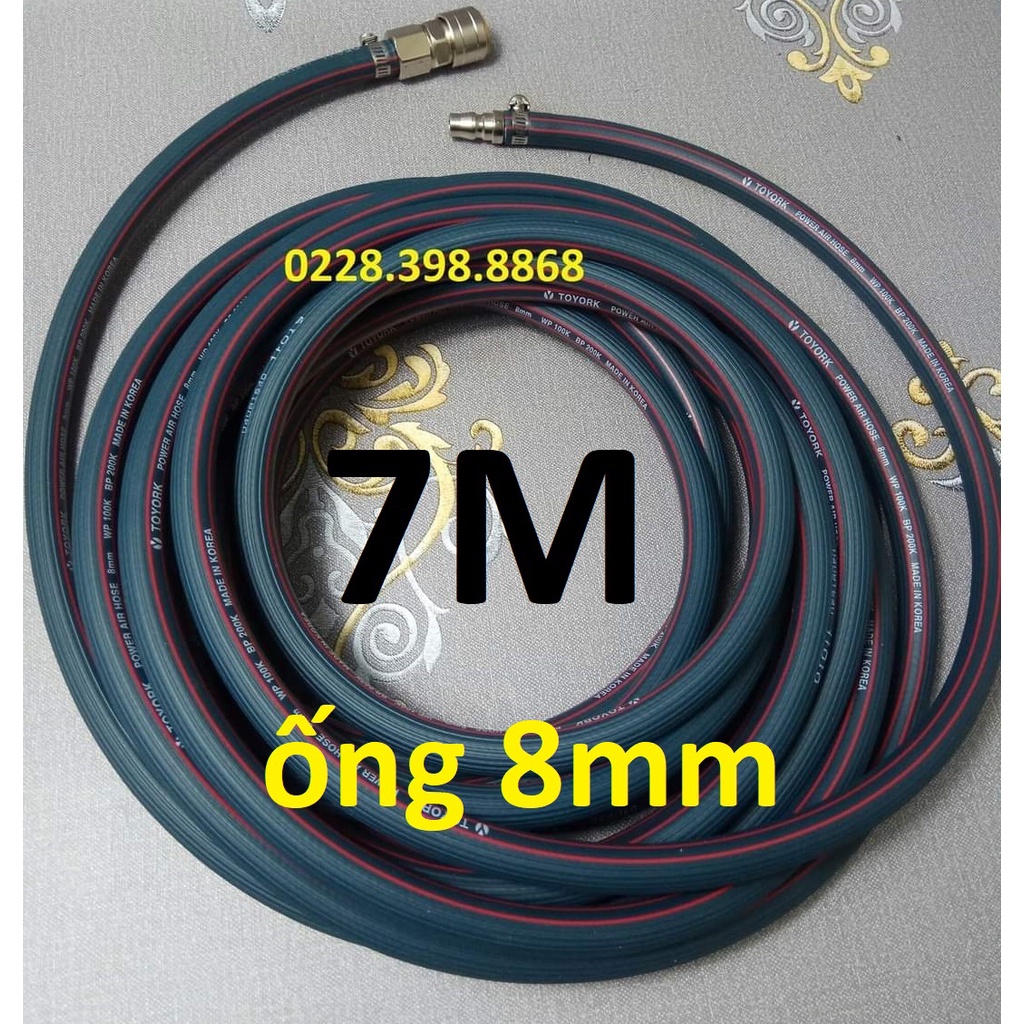 Dây hơi cao su bố vải 7m, made in Korea, lỗ 8mm, kèm bộ đầu nối nhanh cao cấp (SS1983) (SS6704)