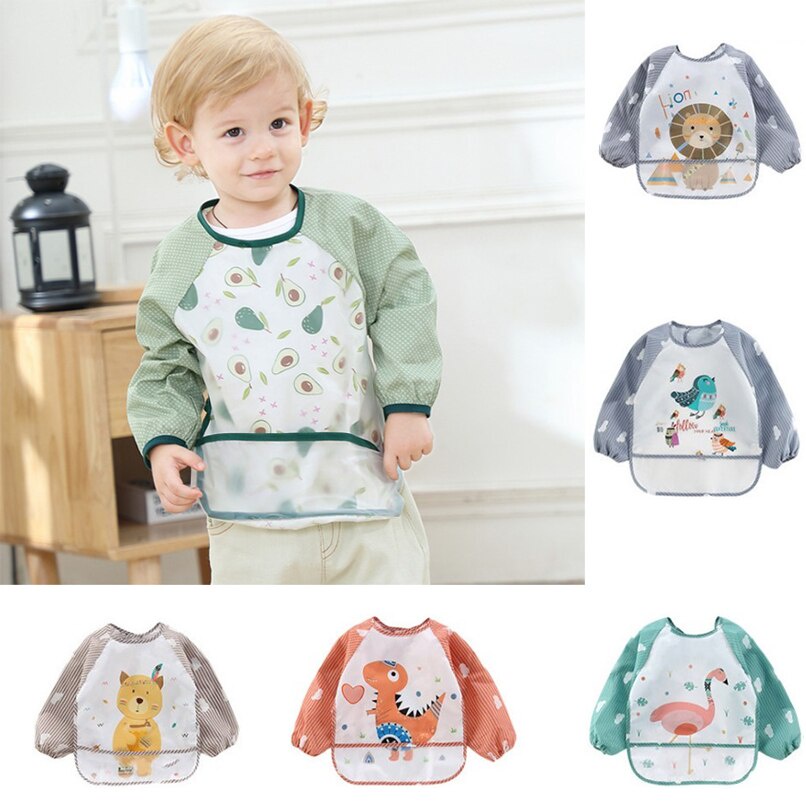 Áo yếm ăn dặm cho bé tay dài 2 lớp chống thấm cao cấp KidAndMom cho bé 1-3 tuổi in hình nhân vận hoạt hình dễ thương