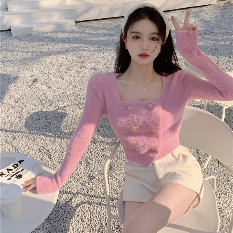 Áo Sweater Dệt Kim Cổ Vuông Thời Trang Cho Nữ