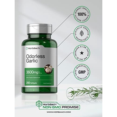 Horbaach Odorless Garlic 3600mg - Viên uống tinh dầu tỏi không mùi hỗ trợ tim mạch, tăng cường miễn dịch 250 viên
