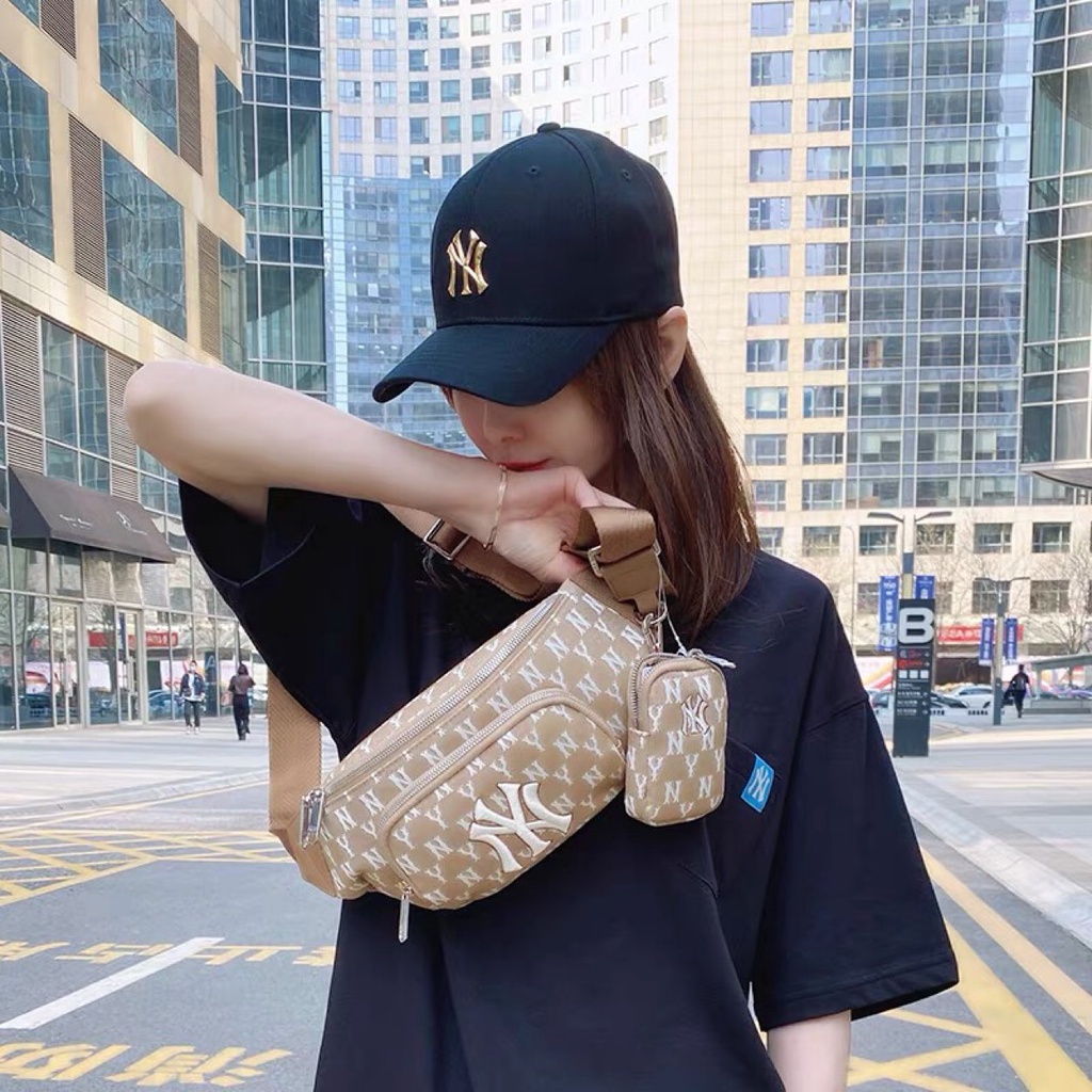✅  Túi bao tử MLB Jacquard Monogram Hip Sack V2 Beige  | HÀNG NHẬP KHẨU | ẢNH THẬT 100%