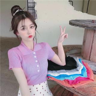Áo thun dệt kim dáng ôm co giãn tay ngắn cổ polo màu sắc kẹo ngọt phong cách hàn quốc