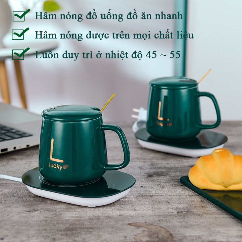 Bộ cốc hâm nóng đồ uống thông minh tặng kèm thìa mạ vàng tiện lợi