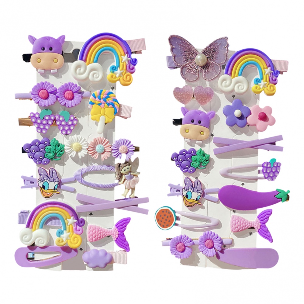 Set 14 kẹp tóc màu tím thiết kế trái cây và mẫu khác hoạt hình đáng yêu dành cho bé gái