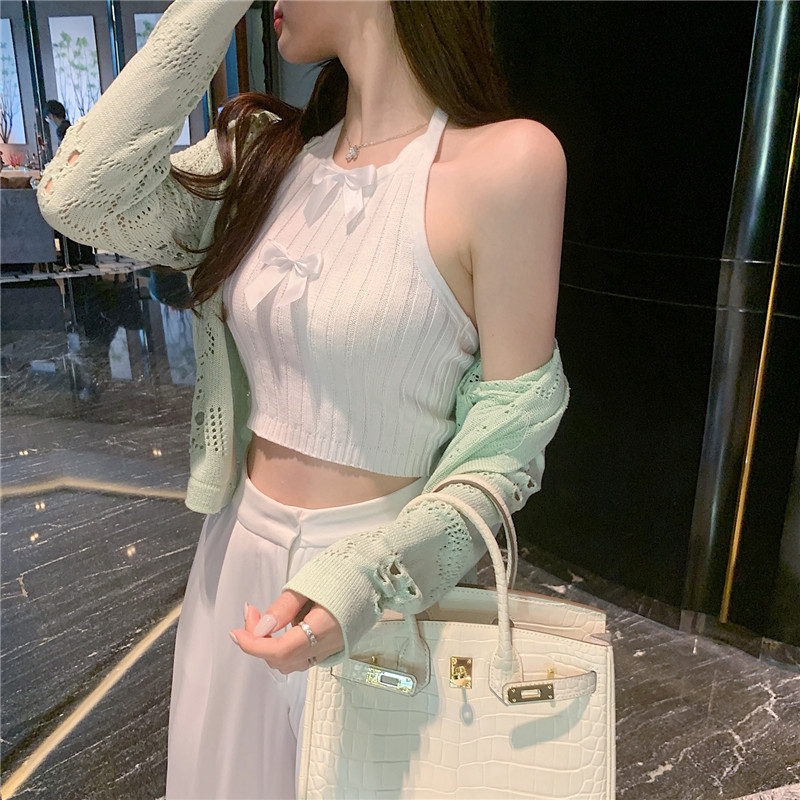 IELGY Áo Dệt Kim Hai Dây Thắt Nơ Ngắn Thời Trang Dành Cho Nữ