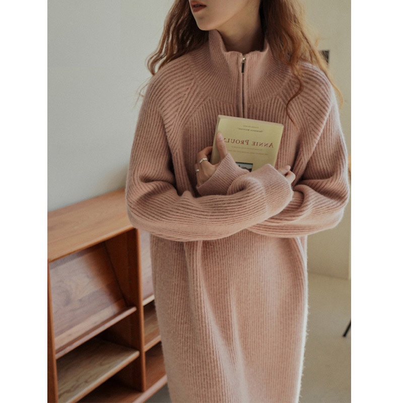 Đầm Dệt Kim Tay Dài Dáng Rộng Cổ POLO Dễ Phối Đồ