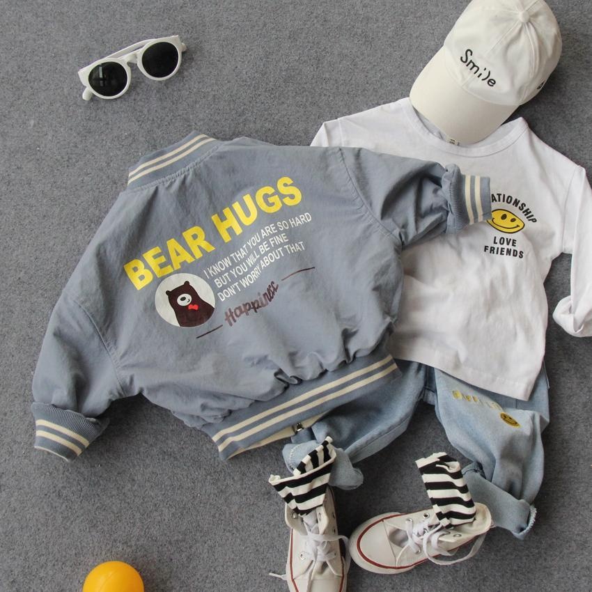 Áo khoác dây kéo hai mặt in hình gấu và chữ thời trang xuân thu dành cho bé trai 2021