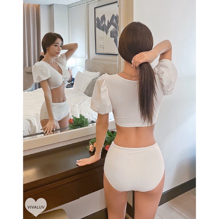 Bikini 2 mảnh có tay đi biển bigsize liền thân kín đáo LUHAZO Hàn Quốc  nâng ngực hở lưng che bụng 2632 G-4