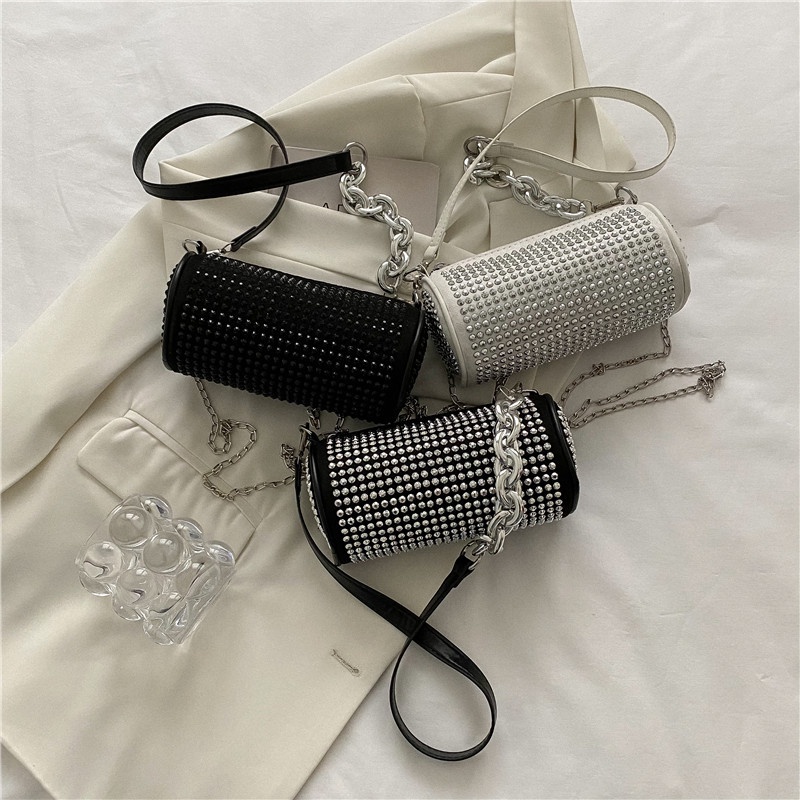 Túi Xách Đeo Vai Hình Trụ Cỡ Nhỏ Đính Đá Lấp Lánh Thời Trang Cao Cấp Cho Nữ