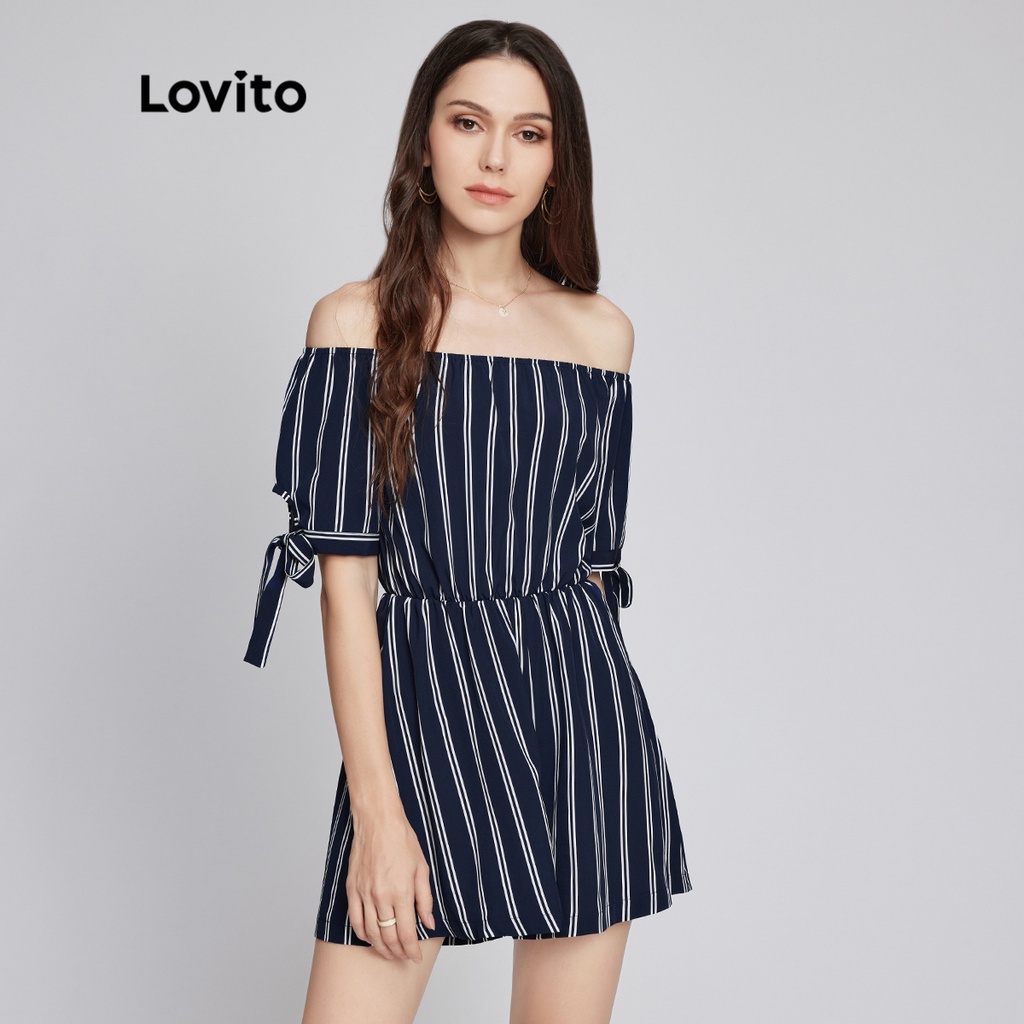 Áo liền quần Lovito phong cách boho kẻ sọc thắt nút hở vai eo co giãn L26LD080 (màu xanh lam)