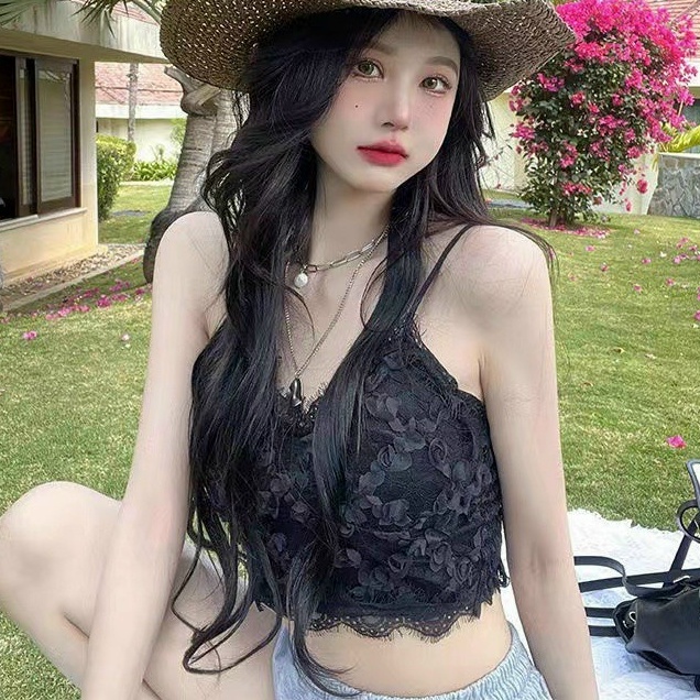 Bralete nữ ren, bra ren hoa, áo hai dây ren đính hoa có đệm mút, áo nữ mặc trong vest, plazer đen trắng.