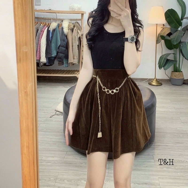 CHÂN VÁY NHUNG XOÈ DÁNG MINI KÈM ĐAI XÍCH HÀNG QCL1 MS24102