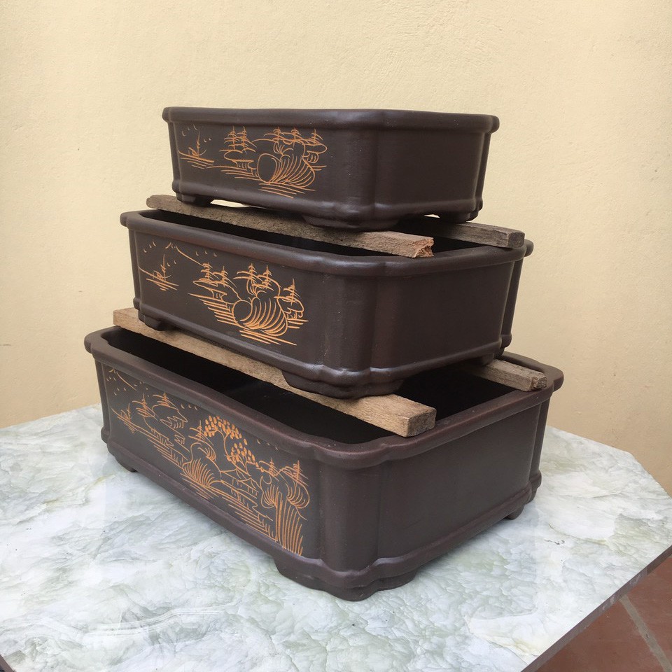 Chậu bonsai Chữ nhật đất nung gốm Bát tràng 3 size CB-05