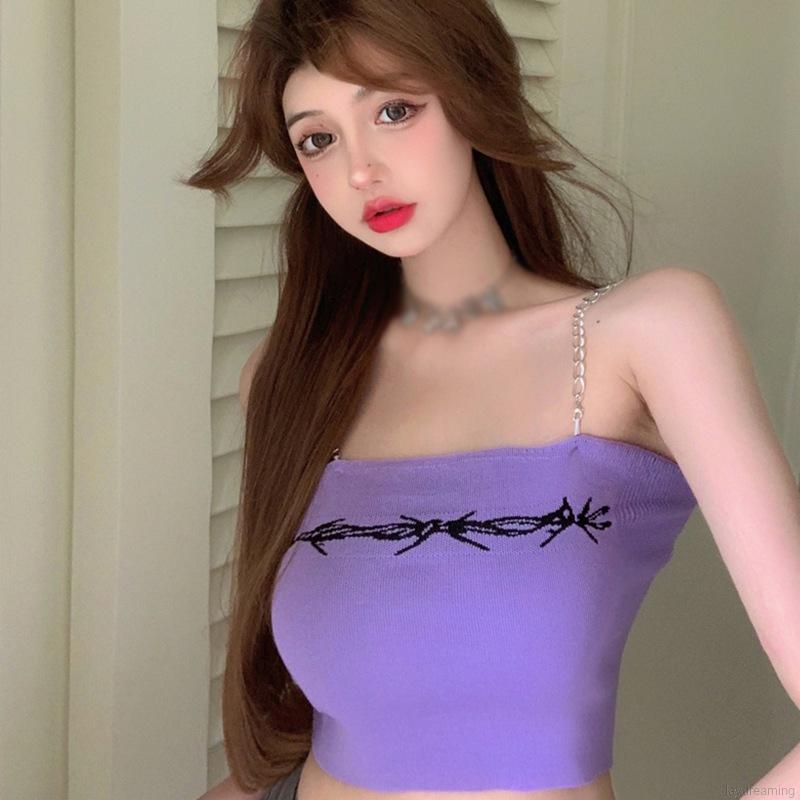 Áo Croptop Dệt Kim Phối Dây Xích Thiết Kế Quyến Rũ Cho Nữ