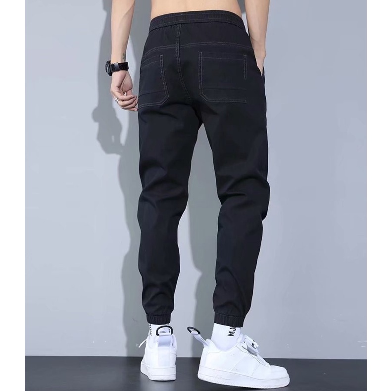 Quần Jogger Jeans nam màu đen logo thêu bó gấu lưng chun 752w 2021 pon.mens