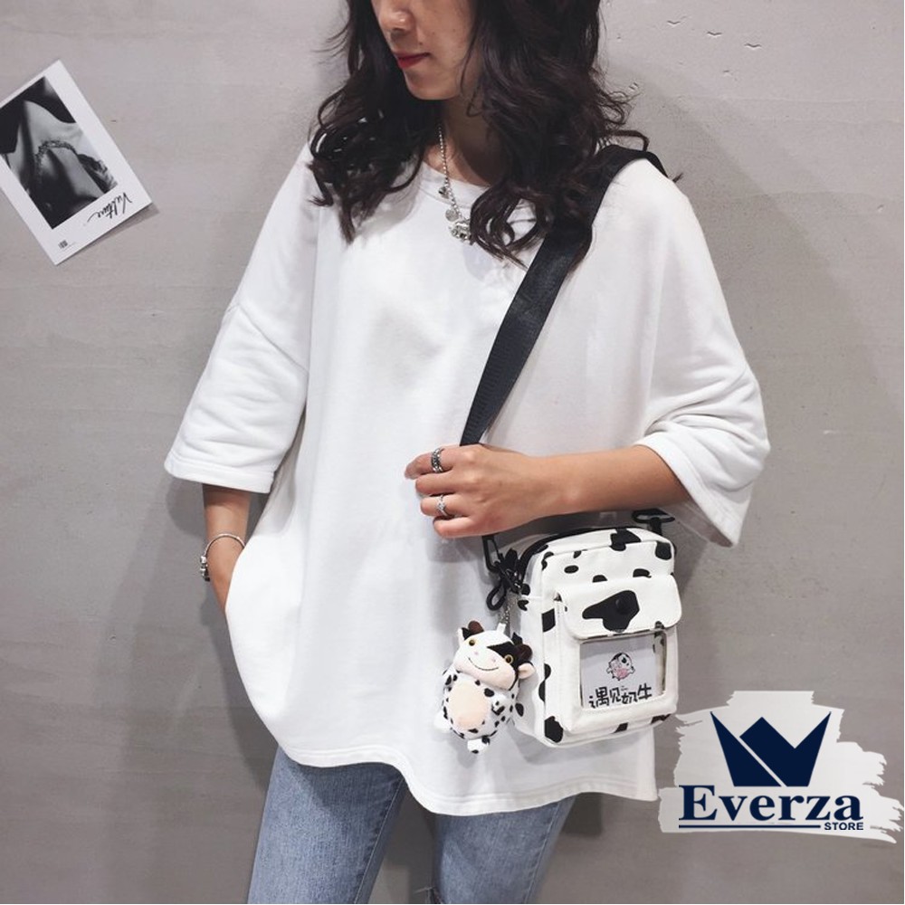 Túi Đeo Chéo Bò Sữa Vải Canvas Form Vuông Siêu Cute Dễ Thương Đi Học Đi Chơi Cho Nữ Phong Cách Hàn Quốc