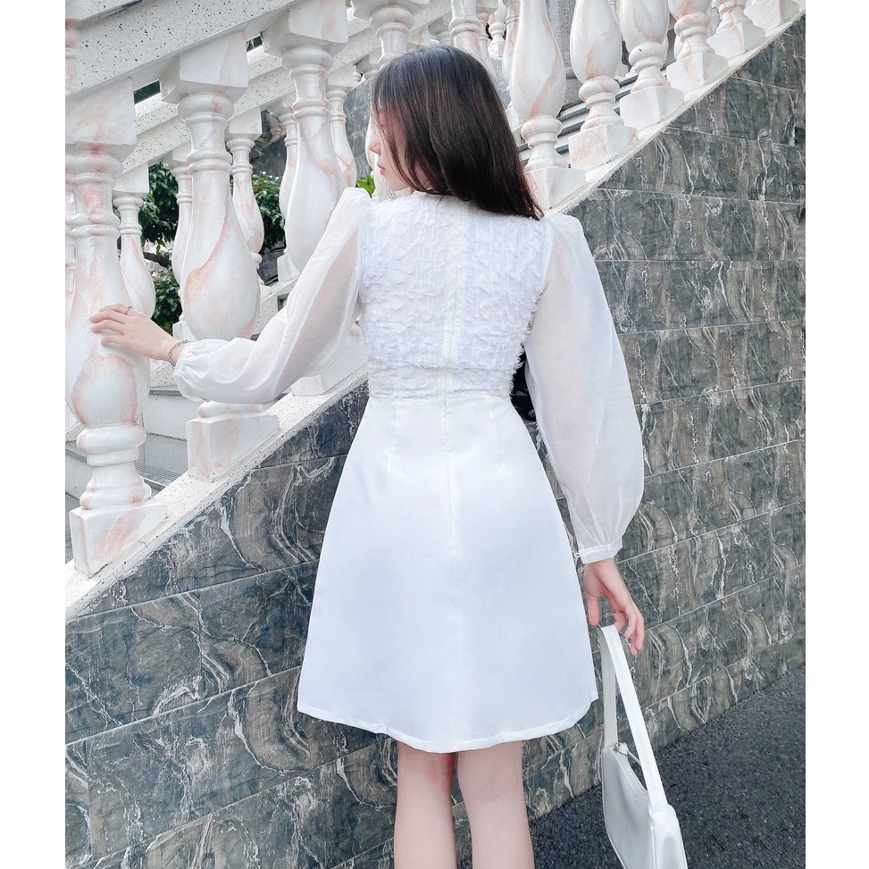 Đầm trắng dự tiệc sang trọng tay dài thanh lịch thiết kế chữ a cao cấp đự tiệc cưới đi chơi eo tôn dáng - Lux W Fashion