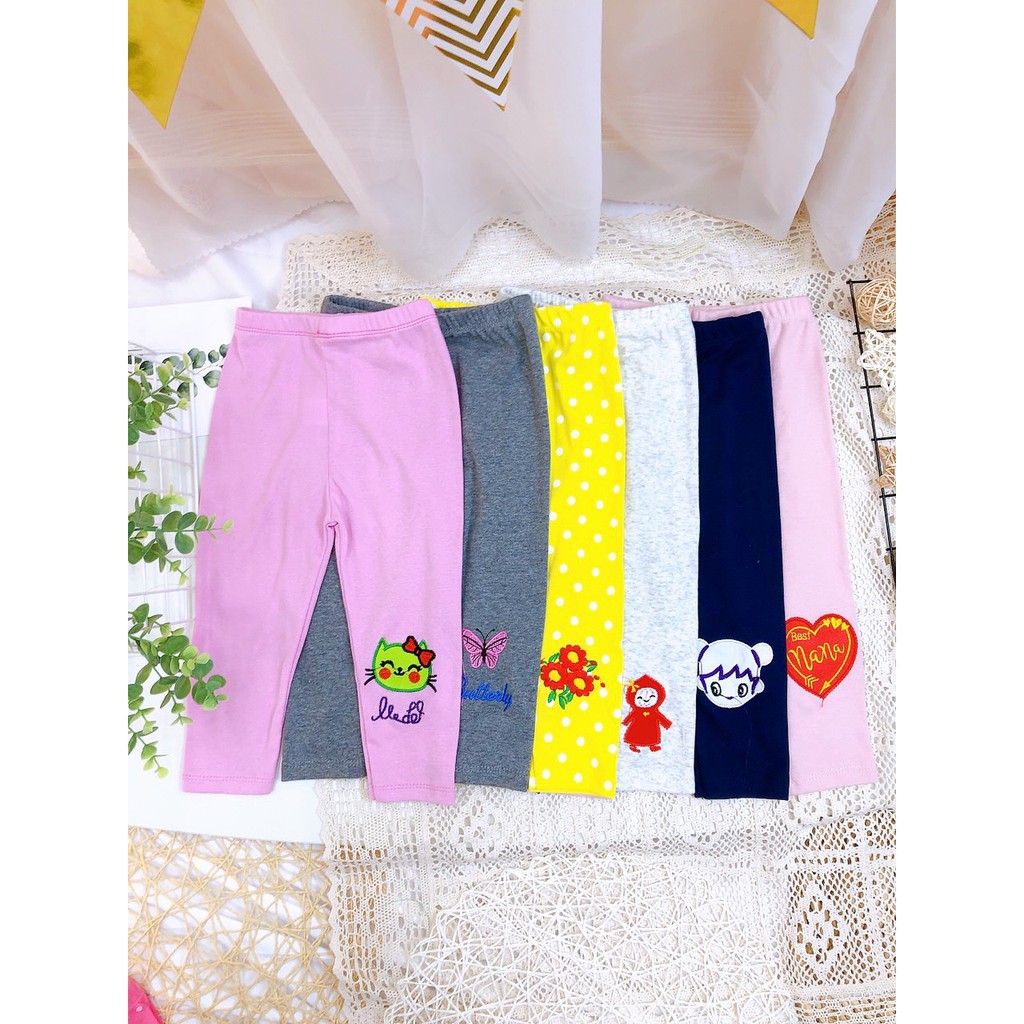 SET 3 Quần Legging Dài Thêu Nổi Xinh Xắn Cho Bé Gái 10-25Kg - Quần Thun Dài Legging Co Giãn Cho Bé