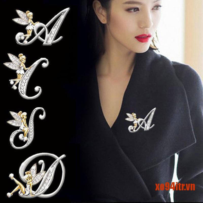 XOITR  New Metal Crystal English Letter Word Brooch Women Elf Angel Shirt Lapel P