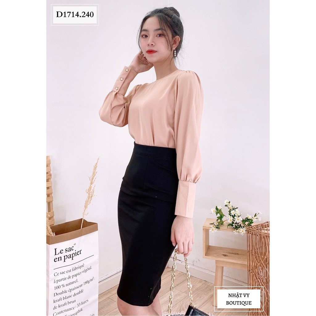 Áo Nữ NHẬT VY Cổ Tròn Đính Cúc Tay Dài Công Sở Chất Mango Màu Đen, Trắng, Nude  - D1714