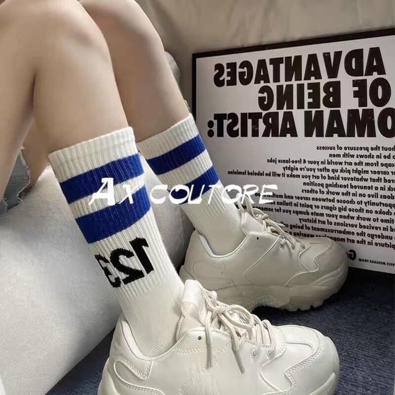 Tất vớ số 123 kẻ ngang cao cổ unisex phong cách thể thao mix đồ siêu xinh